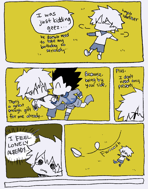 winter-cakes:  I actually wanted to draw a comic on why Killua was wearing gon’s jacket from here but I got a bit carried away adoifhda