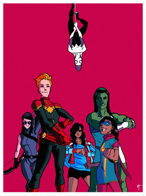 thingsfortwwings:[Image: Kate Bishop, Carol Danvers, America Chavez, Jennifer Walters, and Kamala Kh