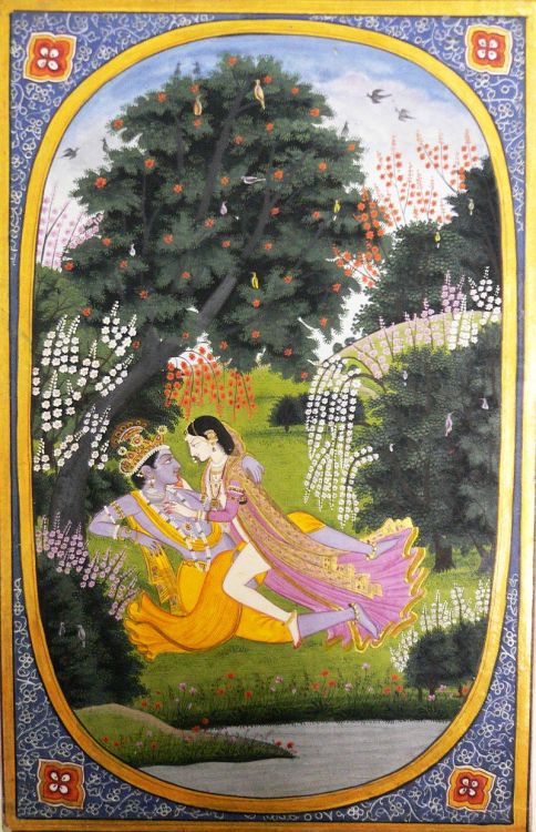 hinducosmos:Radha makes love to Krishna in a groveKangra school, c. 1820An illustration to the Rasik