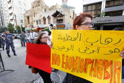 biladal-sham:Activists from the Lebanese LGBT community take part in a protest outside the Hbeish po