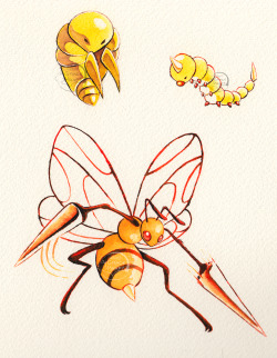 gracekraft:  I’m a bit BEEhind on posting but that’s okay BEEcause…have some BEES!Well one bee, and his family.Next in the Johtodex are more bugs and everyone’s favorite angry stabby poison bug family, the Beedrill line!  While Butterfree has