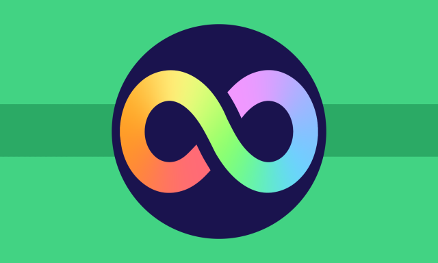 A green flag with a symbol in the middle. A large navy blue circle is in the middle, inside there is a pastel rainbow infinity symbol. The flag is made up of three horizontal bands, the middle one being much smaller. The colors are, in order, lime, teal, lime.