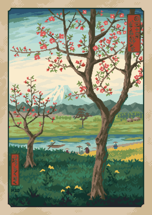  The Outskirts of Koshigaya in Musashi Province (Utagawa Hiroshige) in pixel art