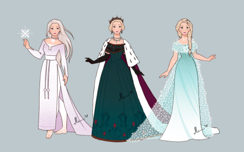 artist-ellen:Tada!! And there we have it!Three Elsa redesigns for three very different stages in Els