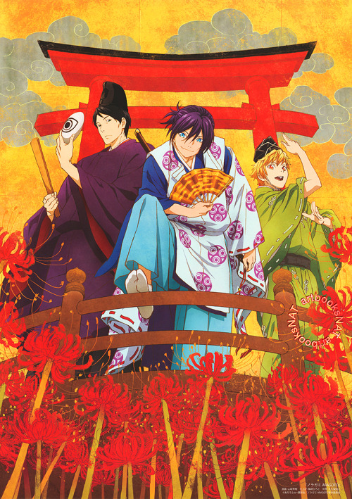 artbooksnat:  Noragami (ノラガミ) A costumed Ebisu, Yato and Yukine gaze down from above in this vivid n