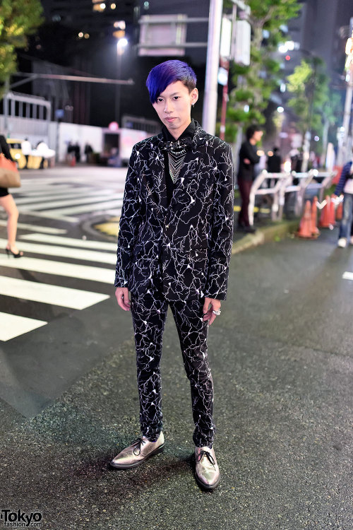 Harajuku guy in Yaponskii electricity print suit w/ studded bow tie, silver jewelry and silver shoes