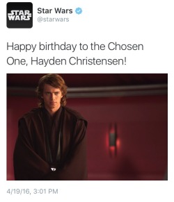 alrightanakin:  The Official Star Wars Twitter wishing Hayden Christensen (Anakin Skywalker) a Happy Birthday! (x) 