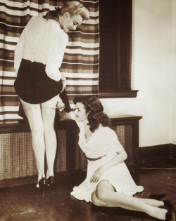 sixpenceee:  During World War 2, women would paint their legs to make it appear that they were wearing stockings. This is because material such as nylon was rationed for the war effort and disappeared from department store shelves. (Source)