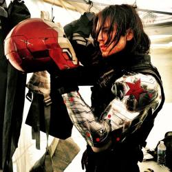 sebastianstansource:    imsebastianstan Well here’s a goddamn#tbt So…back in the #wintersoldier film 2013, one day on set, as I was changing, I found that helmet in a bag. And it stared at me. I grabbed it and immediately after I took this picture,