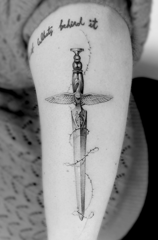 Sword of Damacles tattoo by Jeff Terrel at Certified Costoms Denver  r tattoos
