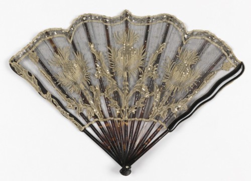 Folding Fan - Leaf Of Silk Net With Applied Lace And Steel Spangles, Sticks Of Tortoiseshell Embedde