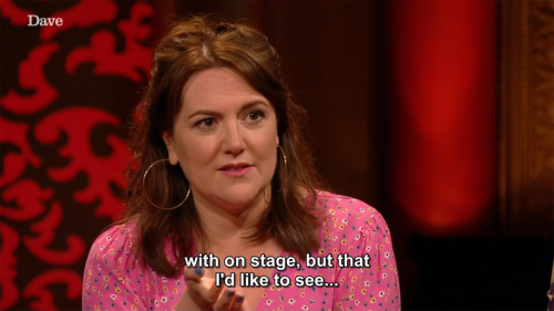 [ID: Seven screencaps from Taskmaster. Katy Wix says, “What better way to celebrate on stage than wi