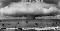 nuklearswag:  leslieseuffert:  In in 1946, the United States conducted a series of nuclear weapon tests at Bikini Atoll in what’s known as Operation Crossroads. A total of two bombs were detonated to test the effects nuclear blasts had on naval warships.