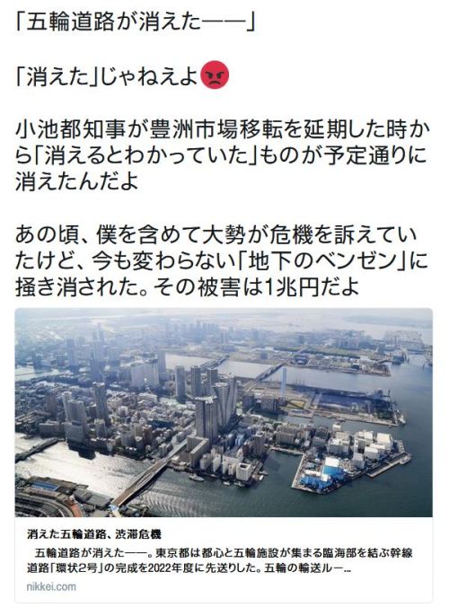 y-kasa: 宮寺達也さんのツイート: “「五輪道路が消えた――」 「消えた」じゃねえよ 小池都知事が豊洲市場移転を延期した時から「消えるとわかっていた」ものが予定通りに消えたんだよ あの頃、僕を含