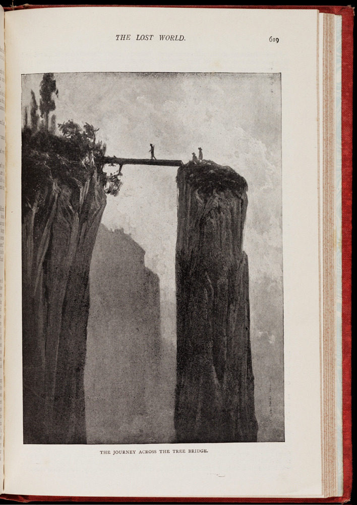 The Lost World by Arthur Conan Doyle was published as a serial in The Strand magazine from April–November 1912. Illustrated by New-Zealand-born artist Harry Rountree
Top: The first page of Chapter I.
“The journey across the tree bridge.” Which...