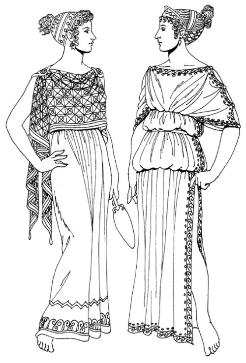 sartorialadventure:Ancient Greek fashions 1-3. chiton4. feast guest and dancer5-6. himatius7. mant