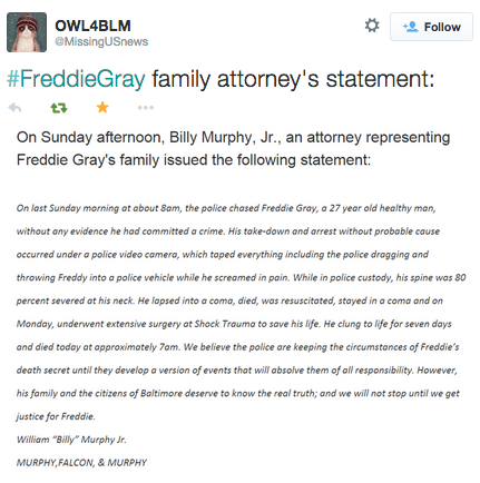 revolutionarykoolaid:Every 28 Hours (4/19/15): A week ago, 27-year old Freddie Gray was arrested for