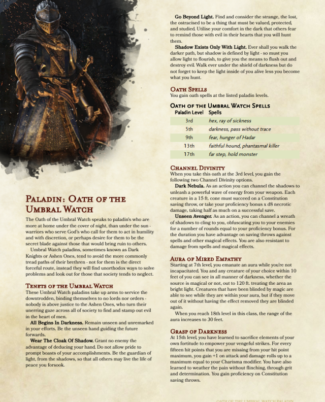 A screenshot of the Oath of the Umbral Watch paladin subclass by Dany. This page features a picture of the Ashen One from Dark Souls in the top left corner, and a description of the class - the full text of which can be found in the link in the main post.