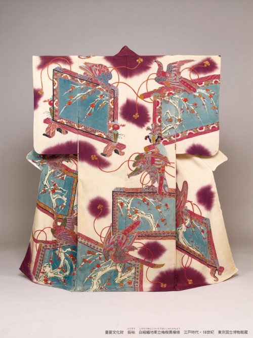 Bold antique kimono with hawk perched over screen with plum blossoms pattern, a great example provin