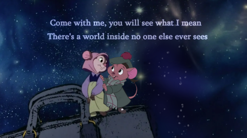 A digitally composited image of Olivia Flaversham and Tanya Mousekewitz, created using Disney and other screencaps. Olivia and Tanya are standing on top of a purse, with the night sky behind them. Olivia is holding onto Tanya's arm with both her hands and they are smiling at one another. Above them are the words "Come with me, you will see what I mean. There's a world inside no one else ever sees."