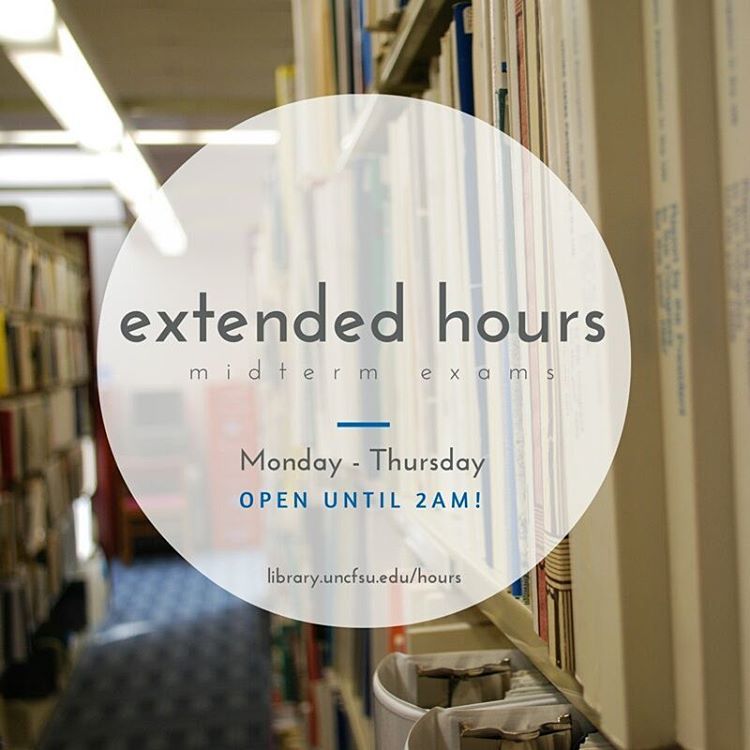 #ChesnuttLibrary has extended hours this week. We are open until 2am Monday - Thursday to facilitate your preparation for #midtermexams! #FayState #FSUBroncos #academiclibrary #librarylife #BroncoPride #LibChat #fayettevillenc #academiclibrary...