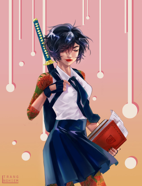 orangeslippers: Gif of my process on this fanart of Saya from Deadly Class!