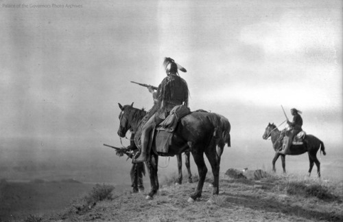 thebigkelu:  “Custer’s Crow Scouts” White Man Runs Him, Goes Ahead, and Hairy Moccasin on the bluffs along Little Bighorn River, Montana - Curtis- 1907 