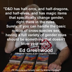 transitiontransmission:Ed Greenwood’s comments on the inclusion of a transgender character in the new Baldur’s Gate expansion Siege of Dragonspear.