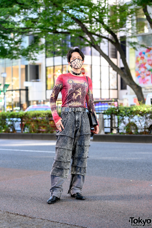 20-year-old Japanese student Goto on the street in Harajuku wearing a 1990s Jean Paul Gaultier graph