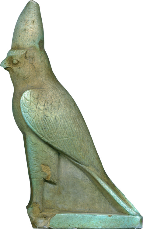 Amulet (faience with blue-green glaze) depicting the falcon god Horus.  Artist unknown; 664-332 BCE 