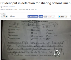 transposedsouls:  boo-author:  bitterseafigtree:  thinksquad:  An eighth grade student from Weaverville Elementary School got a detention slip for sharing his school prepared lunch Tuesday. Kyle Bradford, 13, shared his chicken burrito with a friend who