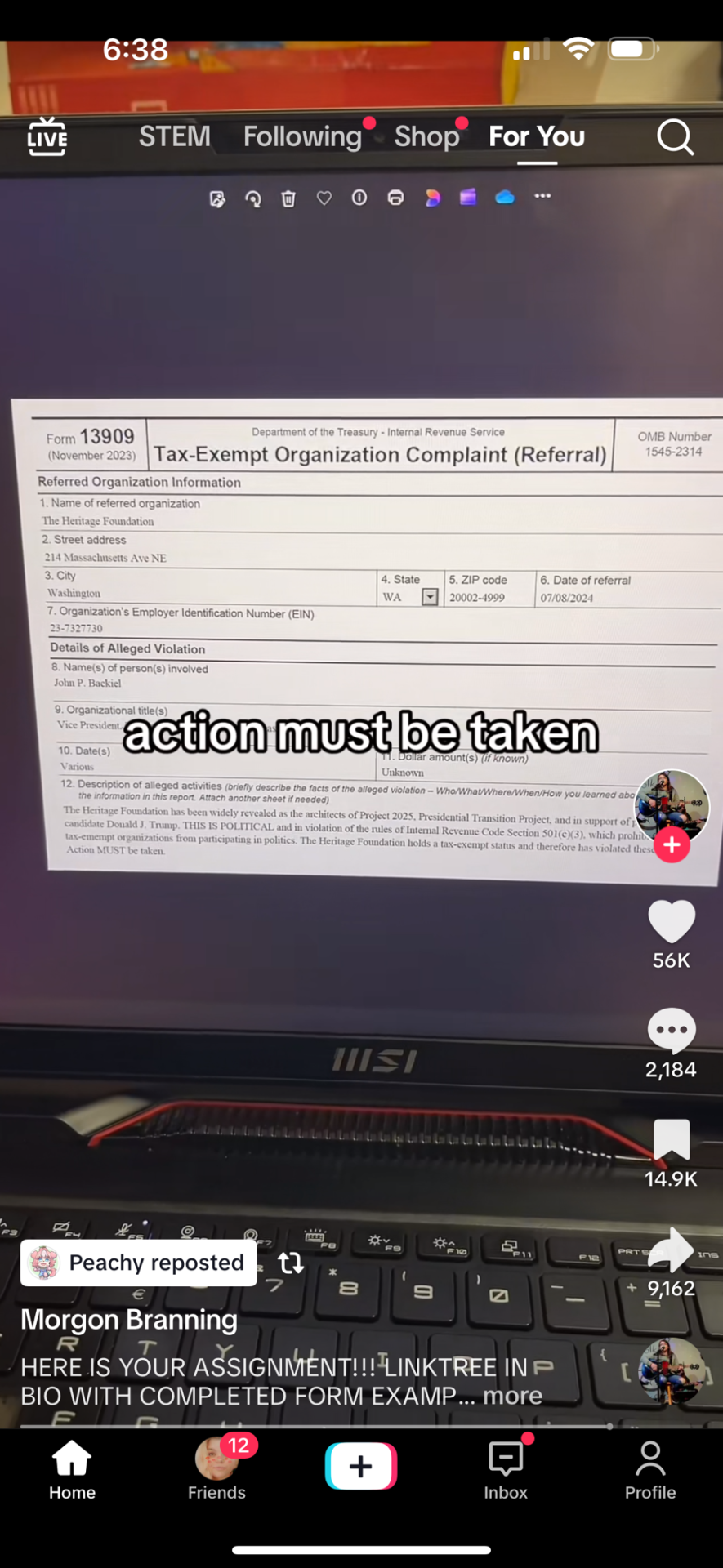 Google FORM 13909 And Fill It Out With This Information, Then Email It To Eoclass@irs.gov