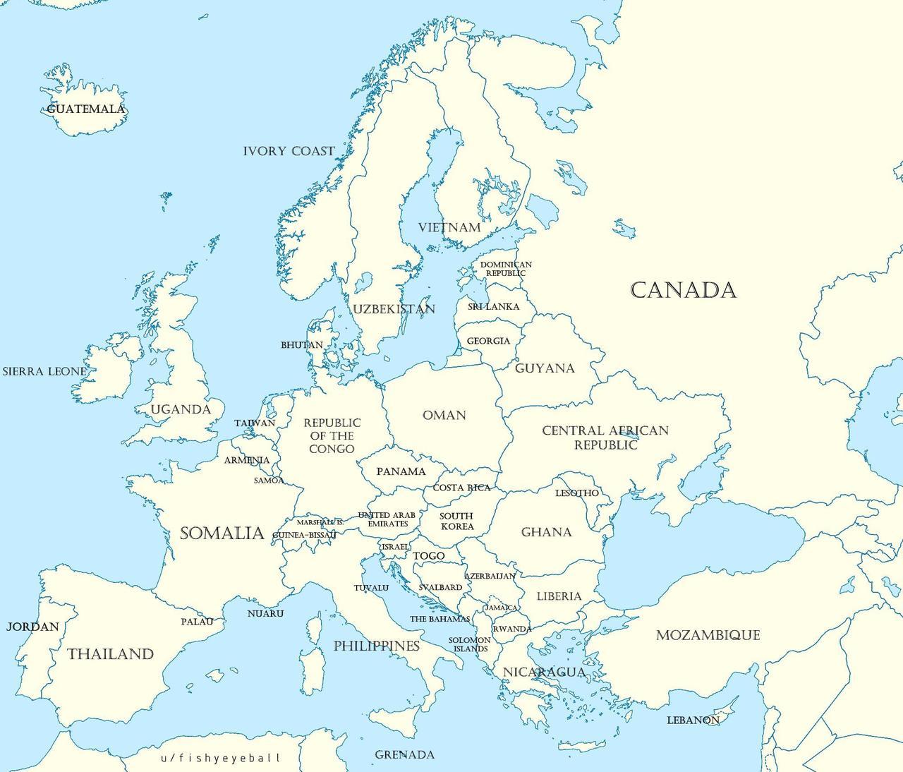 A map of Europe, but each country is a similarly sized non-European land mass.