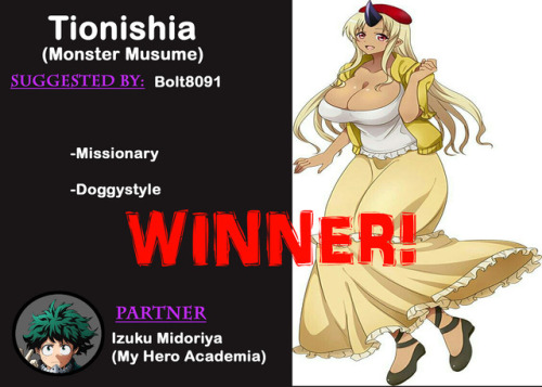 My Patreon subscribers have spoken! After a GRUELING week of voting the results are in. the winner BY ONE VOTE for my next (non-commission) mini animation will be of  Monster Musume’s sugar loving brickhouse Tionishia, paired with a slightly aged