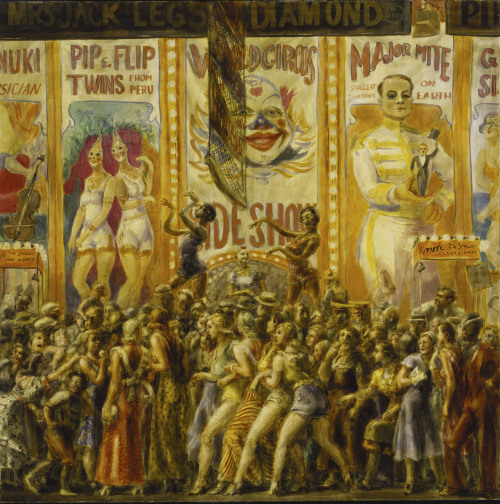 In Pip and Flip, immense banners promote various sideshow acts, with one at left advertising the sca