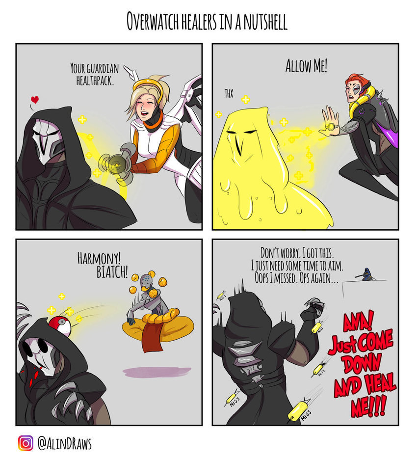 overwatch-fan-art:  Overwatch Healers in a nutshell by Alindraws   Wheres Lucio knocking