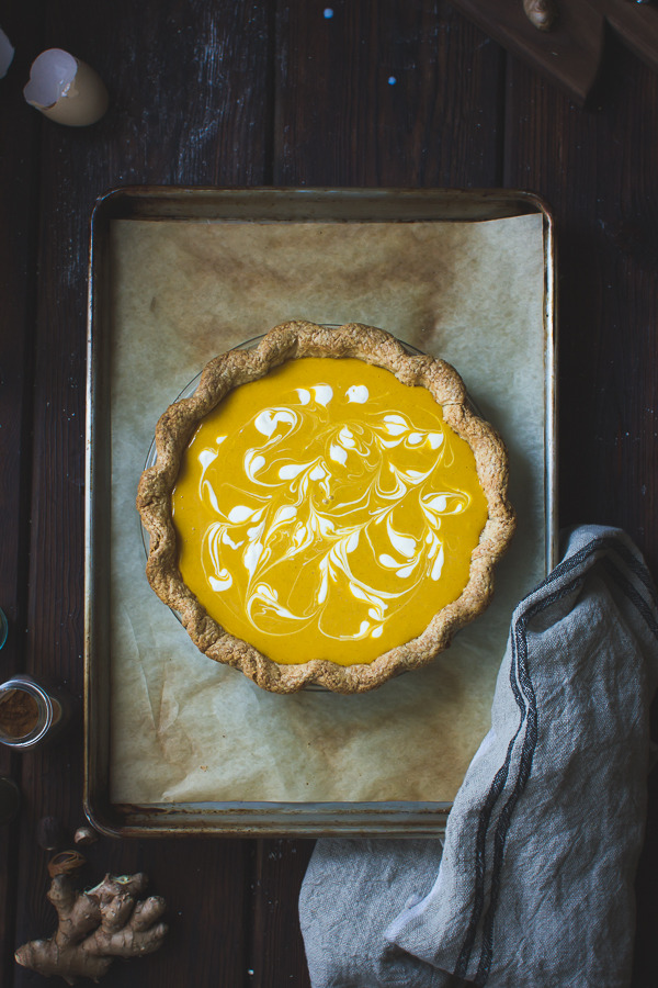 sweetoothgirl:  Pumpkin Buttermilk Pie with a Crème Fraîche Swirl {Gluten-Free}