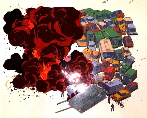 subject-28:  Akira (1988) / Oversize Panning Set-Up x 7 / 345mm x 390mm Traffic backs up behind military barricades and tanks. One tank has just been destroyed by Tetsuo after firing a shell at him. This panning Set-Up is much larger than usual as the