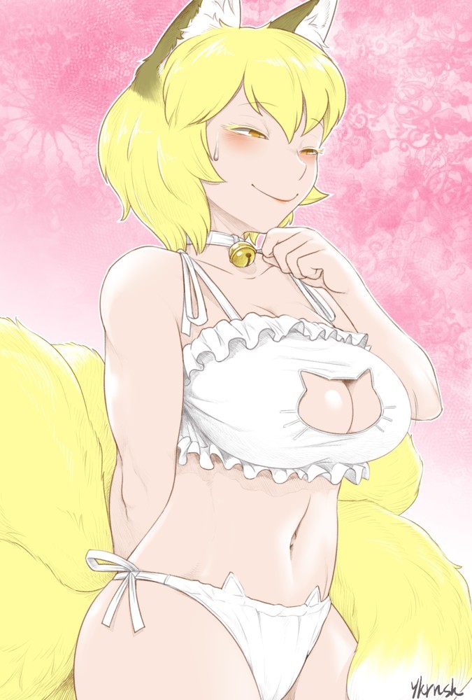 東方、八雲藍、yukaran nosuke、高解像度、ブラ、おへそ、フリル、ひもパン、ピカピカ、フリルブラ、アウトライン、ショートヘア、カウボーイショット、ピンクバックグラウンド、arm