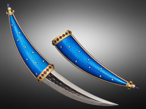 art-of-swords:  Handmade Daggers - Blue Crescent Designer: Yuri Sarkisyan  Medium: Damascus with nickel, gold, silver, diamonds, tourmaline, rhodolite Techniques: forging, tapping, soldering, jewel fastener, hot enamel In assembled view the dagger has