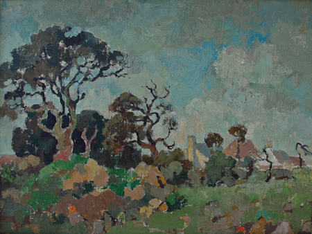 gregoire-boonzaier: Landscape with trees and houses, 1964, Gregoire Boonzaier