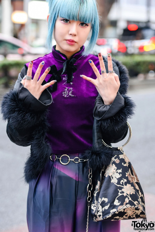 Japanese fashion shop staffer Bakimero on the street in Harajuku wearing a resale Spinns jacket with