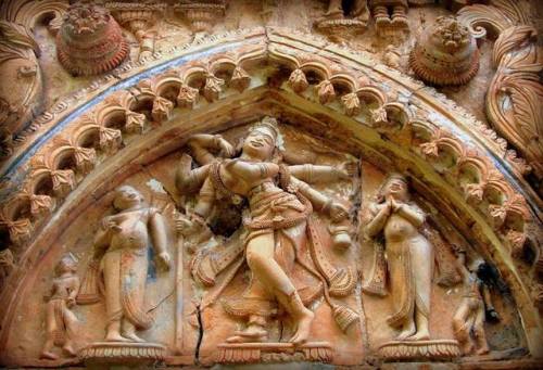 Sadbhuja Mahaprabhu (Chaitanya) terracota relief at Bengali temple.