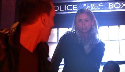 badwolfxoncomingstorm:I wonder if this scene was meant to foreshadow the Parting of the Ways. There’s Rose being brave while standing in the glow of the TARDIS and the Doctor looking up at her in awe.