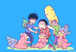 papricots:  cuz like mob is kind of a slowpoke and then ritsu is his bro so slowbro and then teru has the hair plus they’re psychic type it makes sense to me 