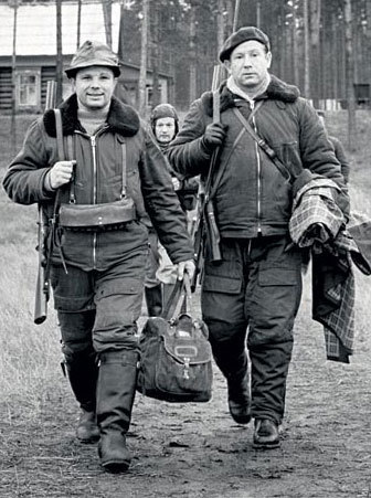 Soviet Cosmonauts Yuri Gagarin and Alexei Leonov on a hunting trip in 1964.