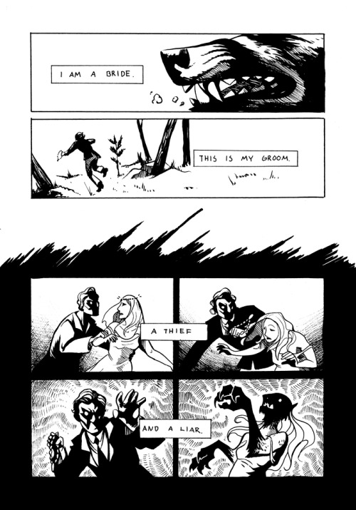 proteesiukkonen:  I Am a Bride  A short comic inspired by Finnish werewolf folklore in which it is many times the wedding couple and/or the entire wedding party that is bewitched to turn into wolves by a resentful guest or family member. 