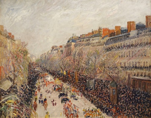 insipit:  Camille Pissarro (1830–1903, France)Boulevard Montmartre series  Pissarro was a Danish-French Impressionist and Neo-Impressionist painter. He studied from great forerunners, including Gustave Courbet and Jean-Baptiste-Camille Corot, then later