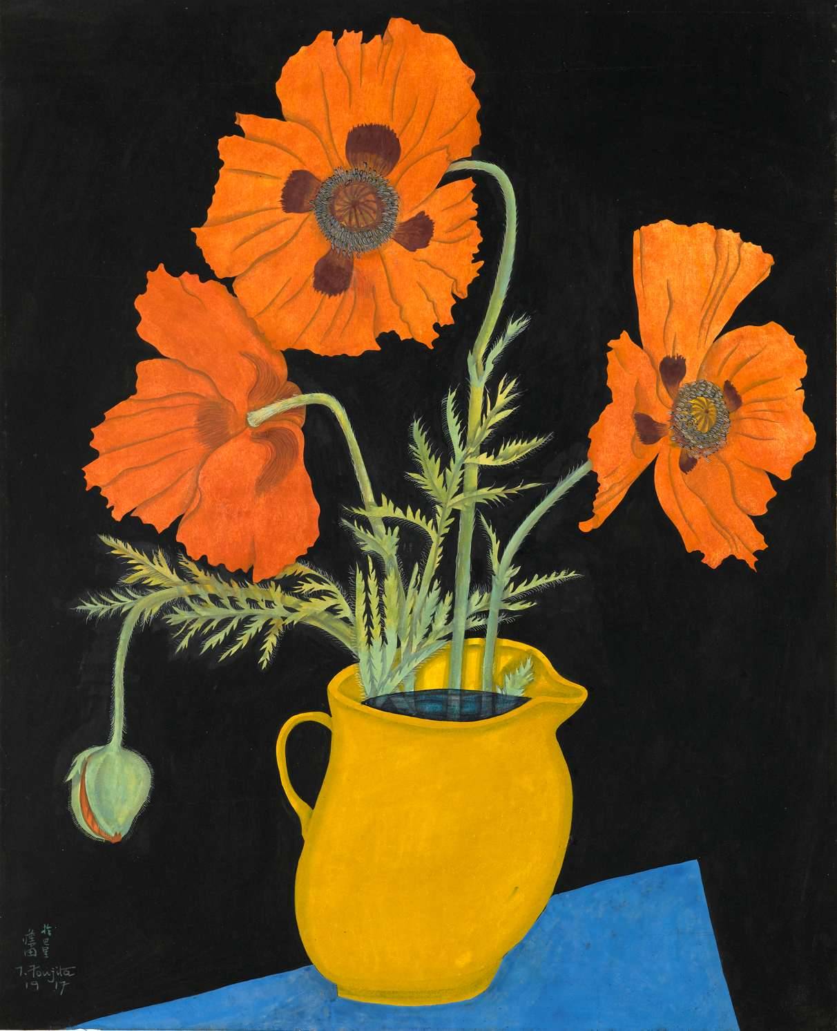 amare-habeo:Tsuguharu Foujita (1886 - 1968) Poppies in a Yellow Jug, 1917Gouache,