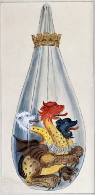 borderofthedead:  A three headed monster in an alchemical flask, representing the composition of the alchemical philosopher’s stone: salt, sulphur, and mercury; from Salomon Trismosin’s ‘Splendor solis’. Watercolour painting. 